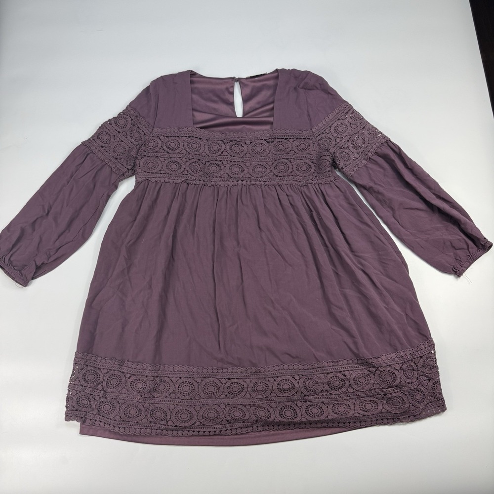 NhiM Dress Women Medium Purple Boho Lace Trim Empire Waist Long Sleeve